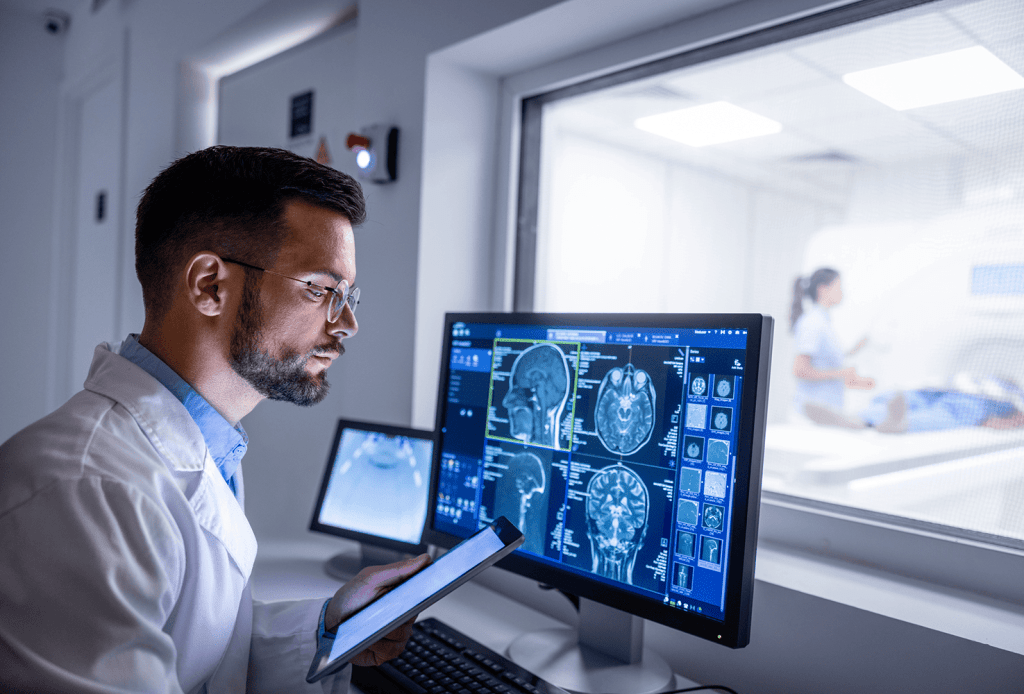 About us header, radiologist reviewing scans, control room, ct scans, mri scans, brain scan, neurology, diagnostic imaging, imaging center, radiology,